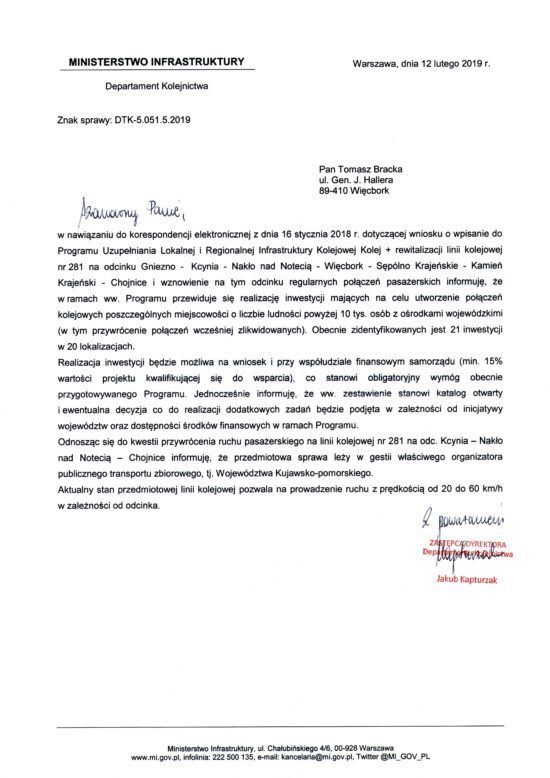 Губернатор Куявско-Поморского поддерживает мое предложение, поддержанное моей позицией министра инфраструктуры от 22 февраля 2019 года о включении правительственной железнодорожной программы + оживление и обновление в список инвестиций